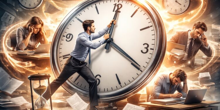 Férfi tekeri az óra mutatóját.